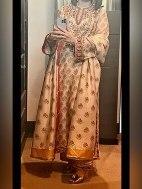 Cream Embroidered Maxi Dress with Gold Accents